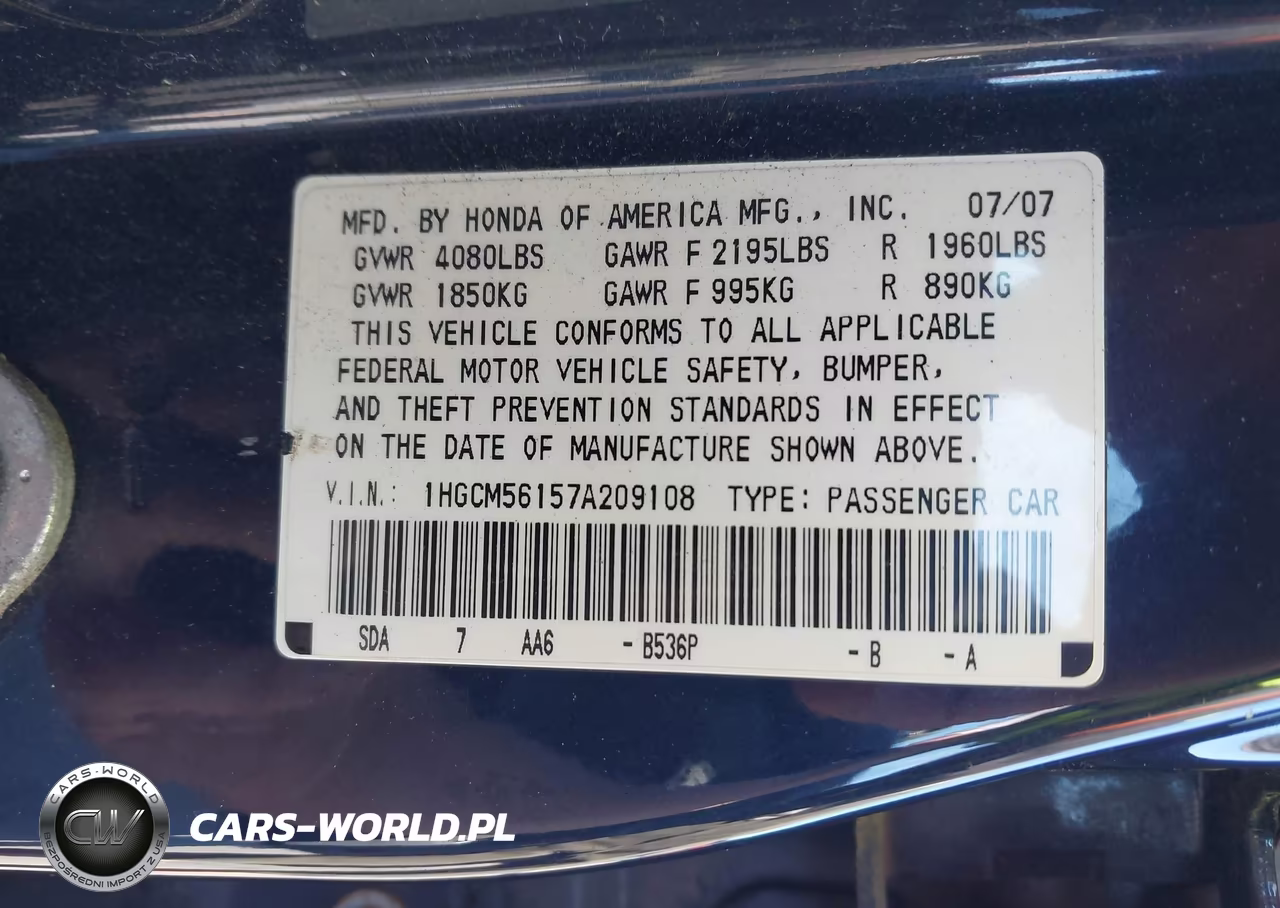 2007 Honda Accord 2.4 Vp VIN:1HGCM56157A209108 - 9