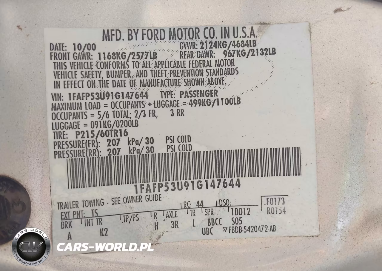 2001 Ford Taurus Se VIN:1FAFP53U91G147644 - 9