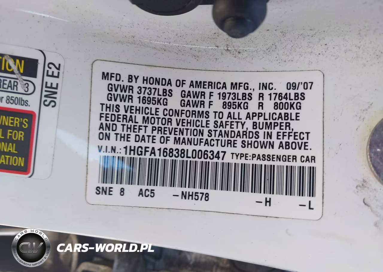 2008 Honda Civic Ex VIN:1HGFA16838L006347 - 9