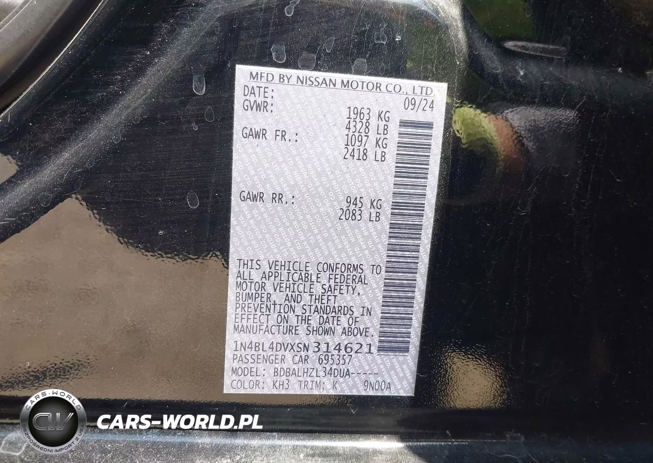 2025 Nissan Altima Sv Fwd VIN:1N4BL4DVXSN314621 - 9
