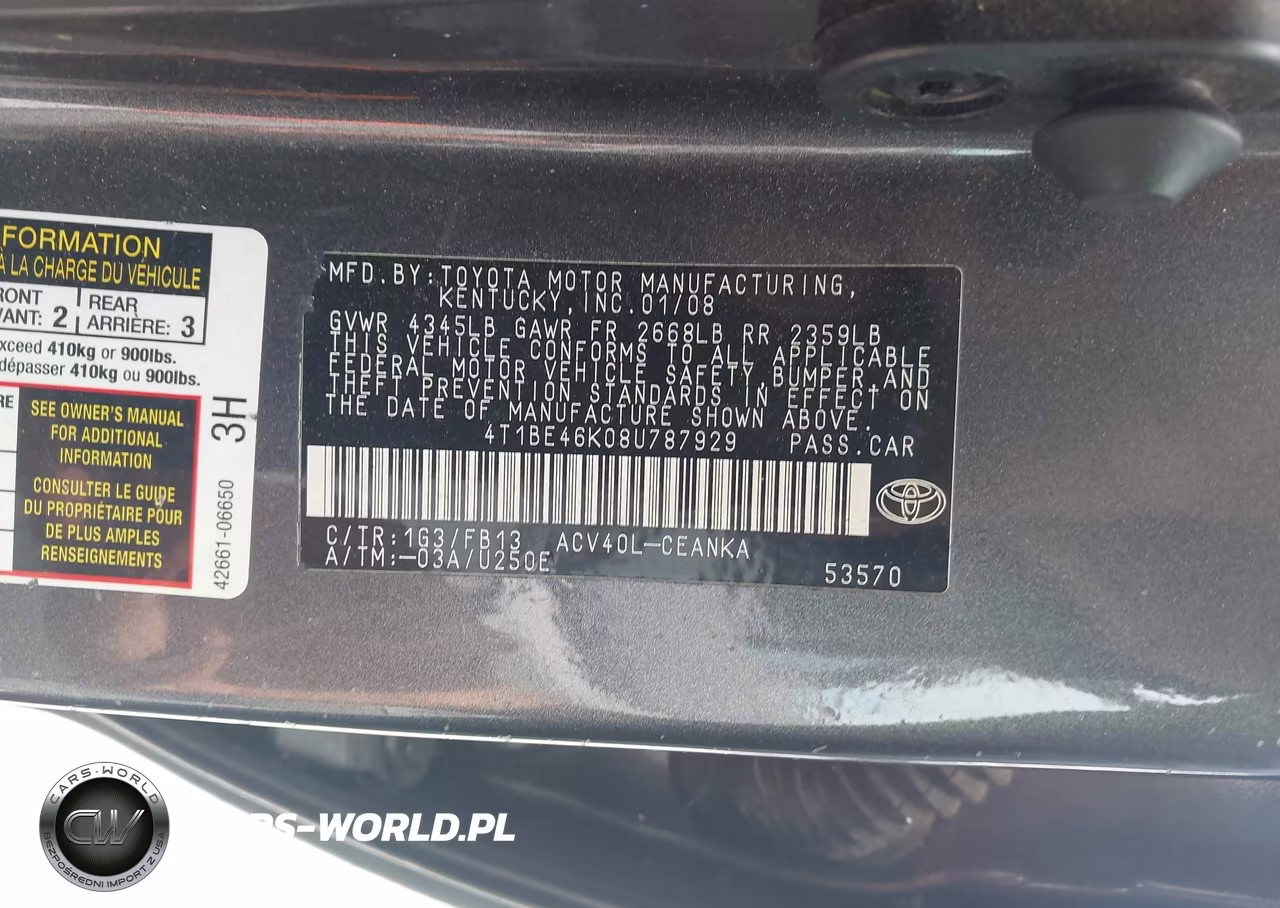 2008 Toyota Camry Le VIN:4T1BE46K08U787929 - 9