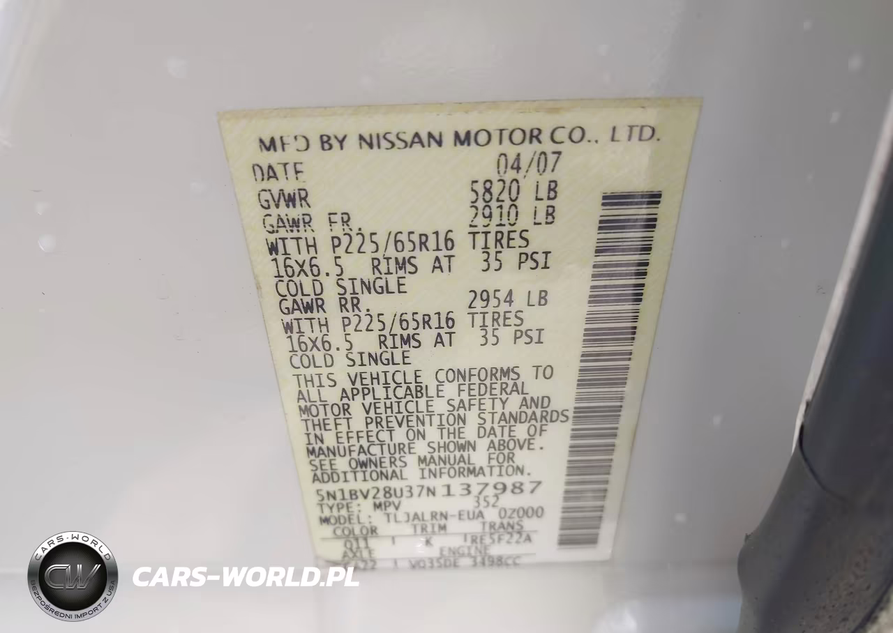 2007 Nissan Quest 3.5 VIN:5N1BV28U37N137987 - 9