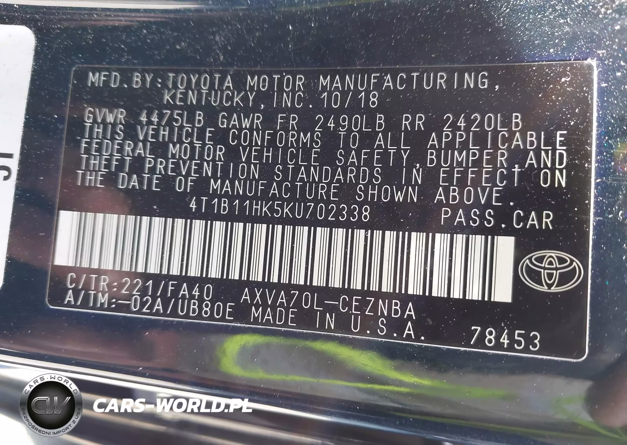 2019 Toyota Camry Le VIN:4T1B11HK5KU702338 - 9