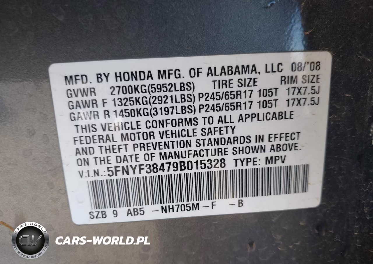 2009 Honda Pilot Ex VIN:5FNYF38479B015328 - 9