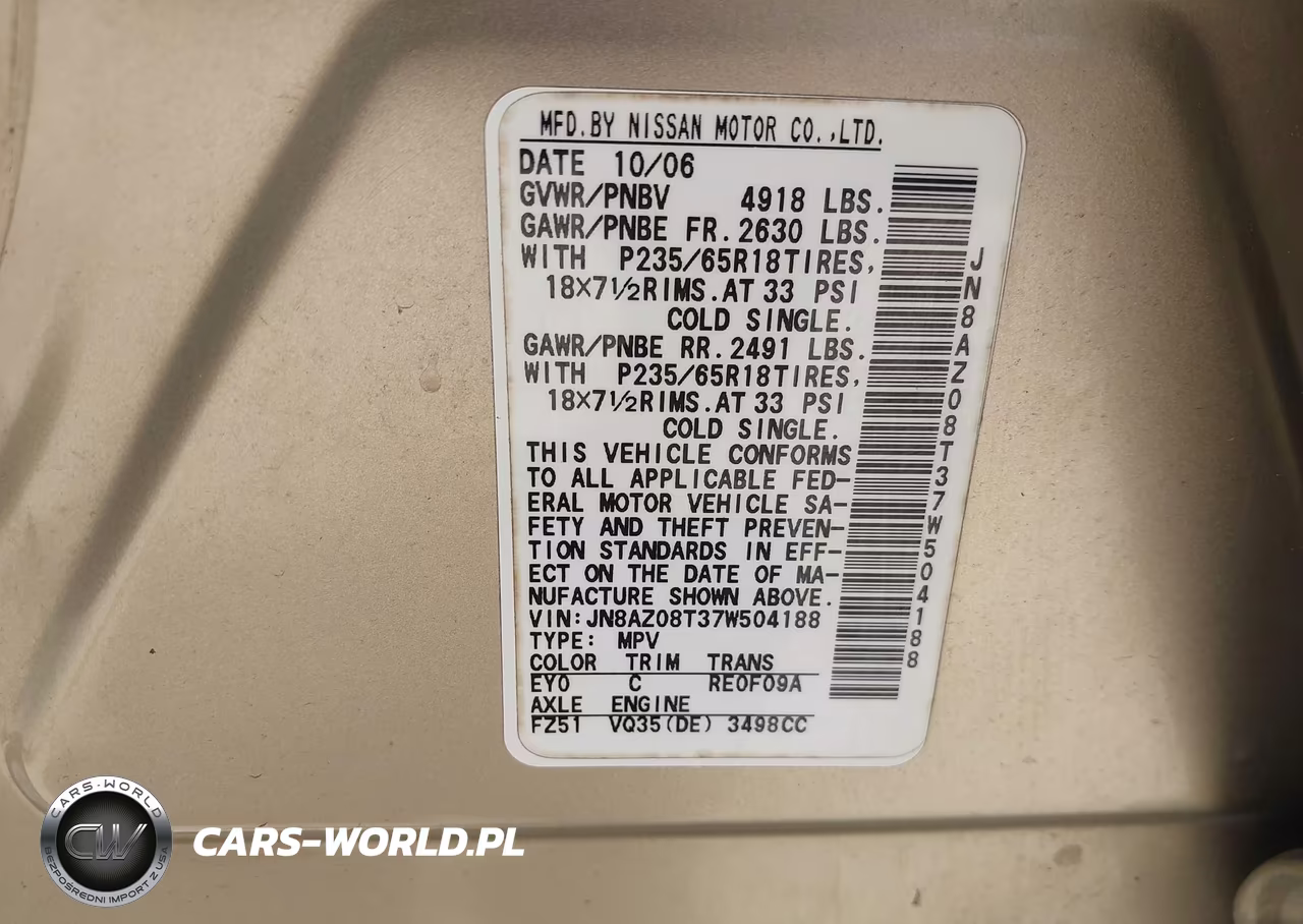 2007 Nissan Murano Sl VIN:JN8AZ08T37W504188 - 9