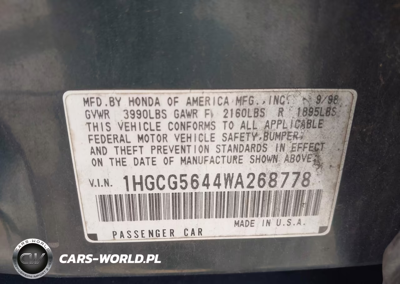 1998 Honda Accord Lx VIN:1HGCG5644WA268778 - 9