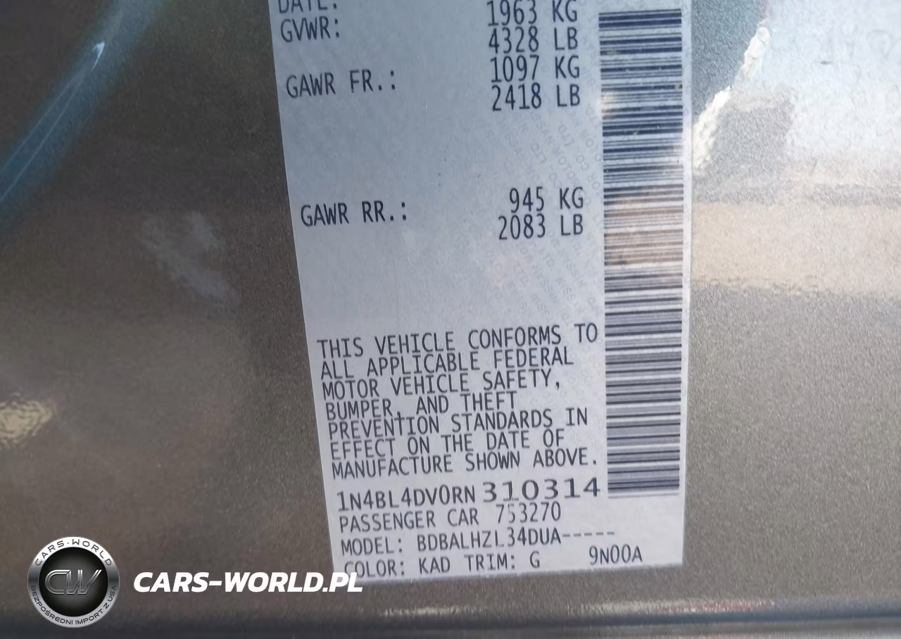 2024 Nissan Altima Sv Fwd VIN:1N4BL4DV0RN310314 - 9