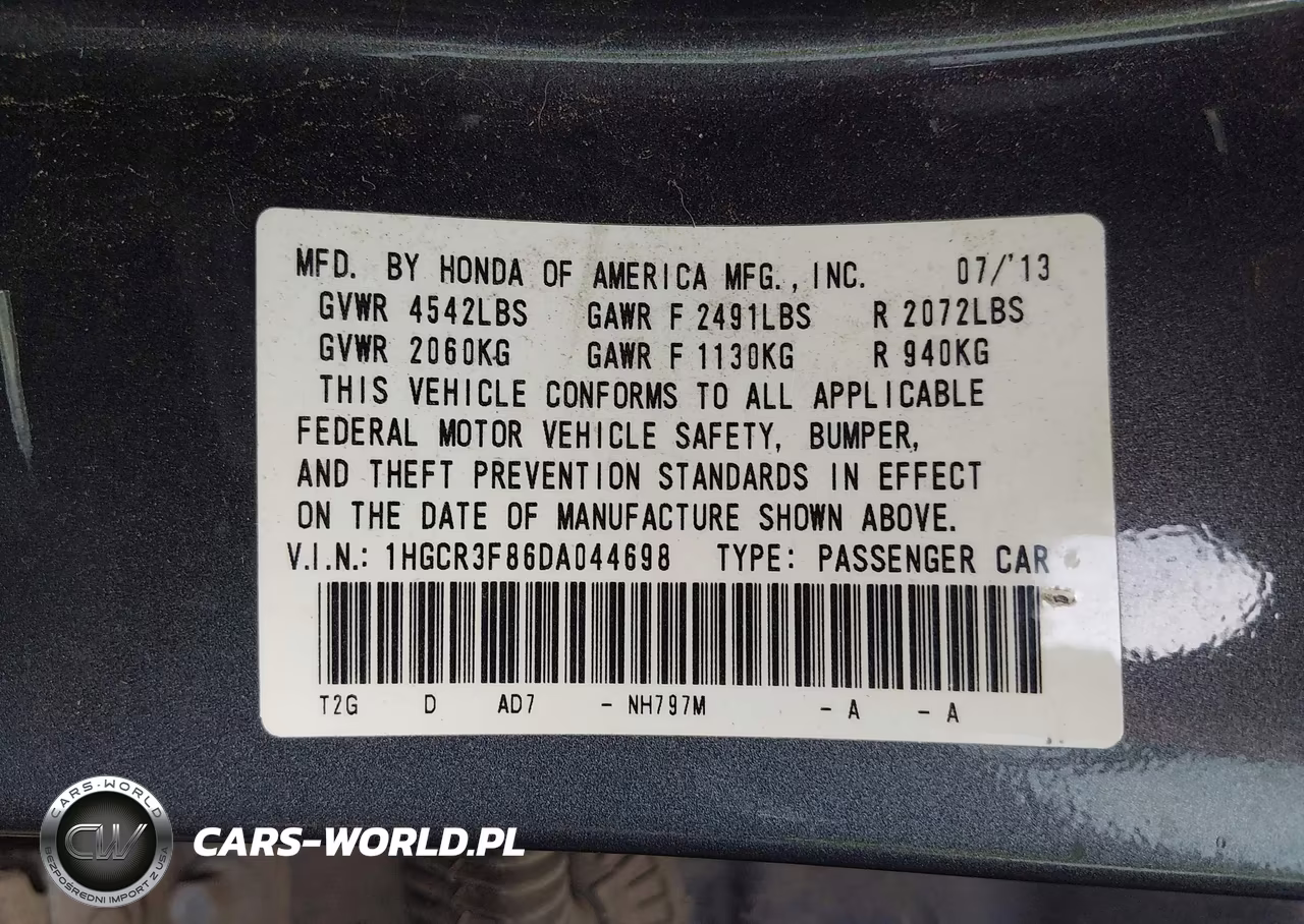 2013 Honda Accord Ex-L V-6 VIN:1HGCR3F86DA044698 - 9