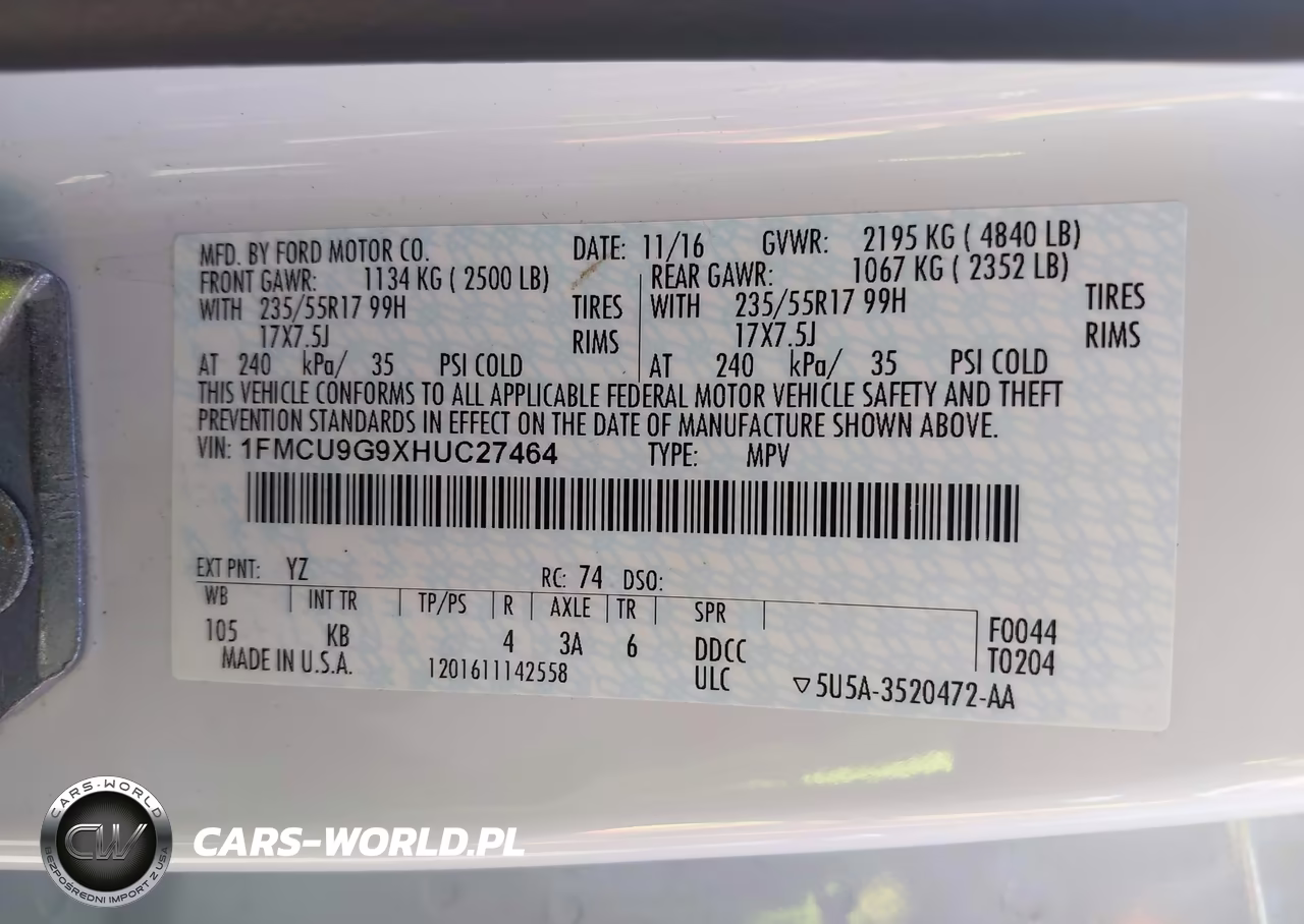 2017 Ford Escape Se VIN:1FMCU9G9XHUC27464 - 9