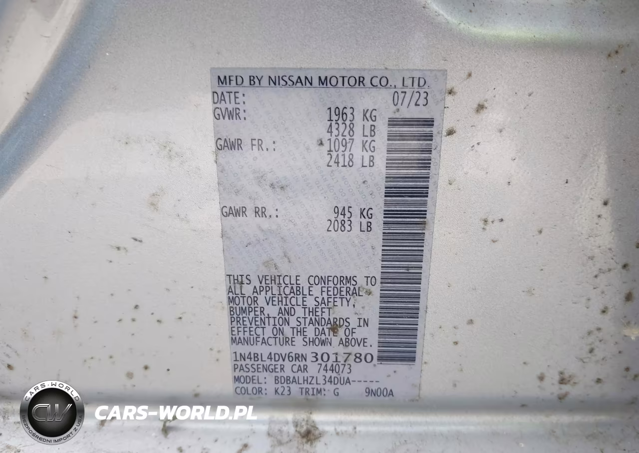 2024 Nissan Altima Sv Fwd VIN:1N4BL4DV6RN301780 - 9