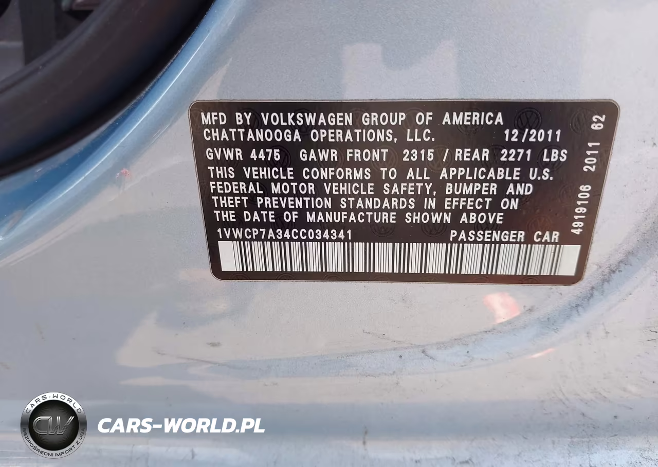 2012 Volkswagen Passat 2.5L Sel VIN:1VWCP7A34CC034341 - 9