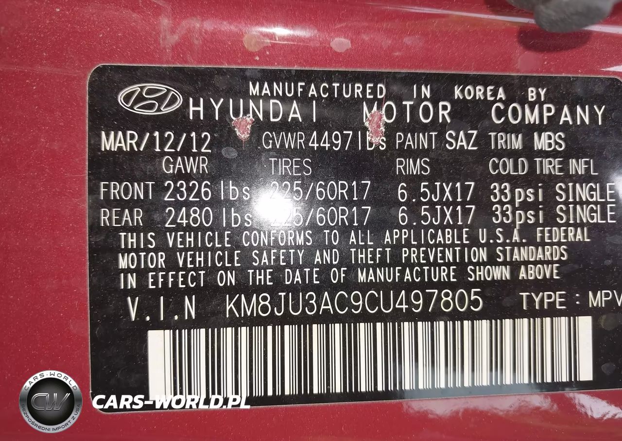 2012 Hyundai Tucson Gls VIN:KM8JU3AC9CU497805 - 9