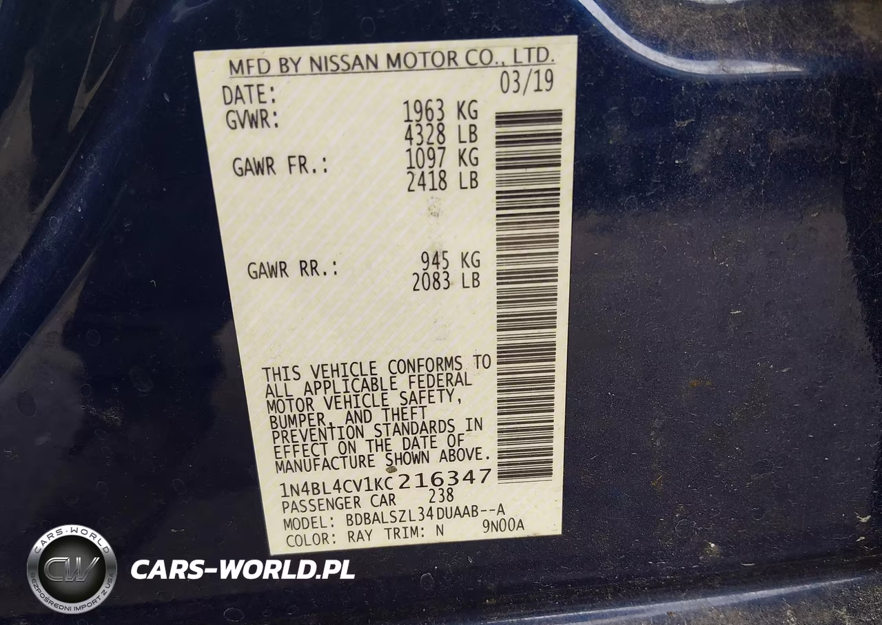 2019 Nissan Altima 2.5 Sr VIN:1N4BL4CV1KC216347 - 9