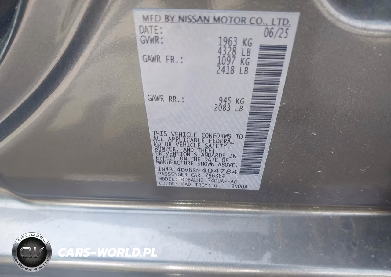 2025 Nissan Altima Sv Fwd VIN:1N4BL4DV6SN404784 - 9