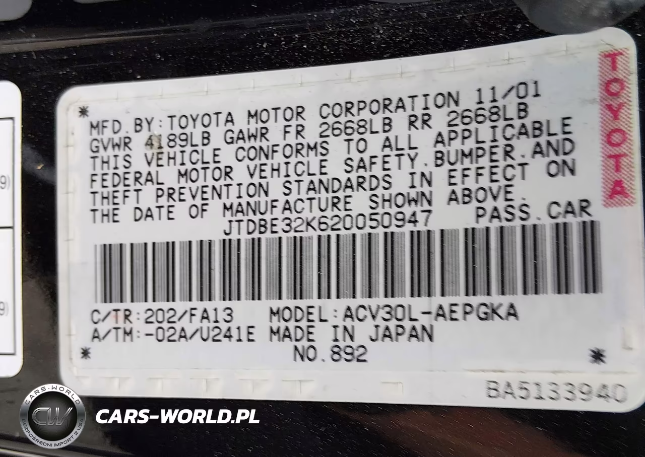 2002 Toyota Camry Xle VIN:JTDBE32K620050947 - 9