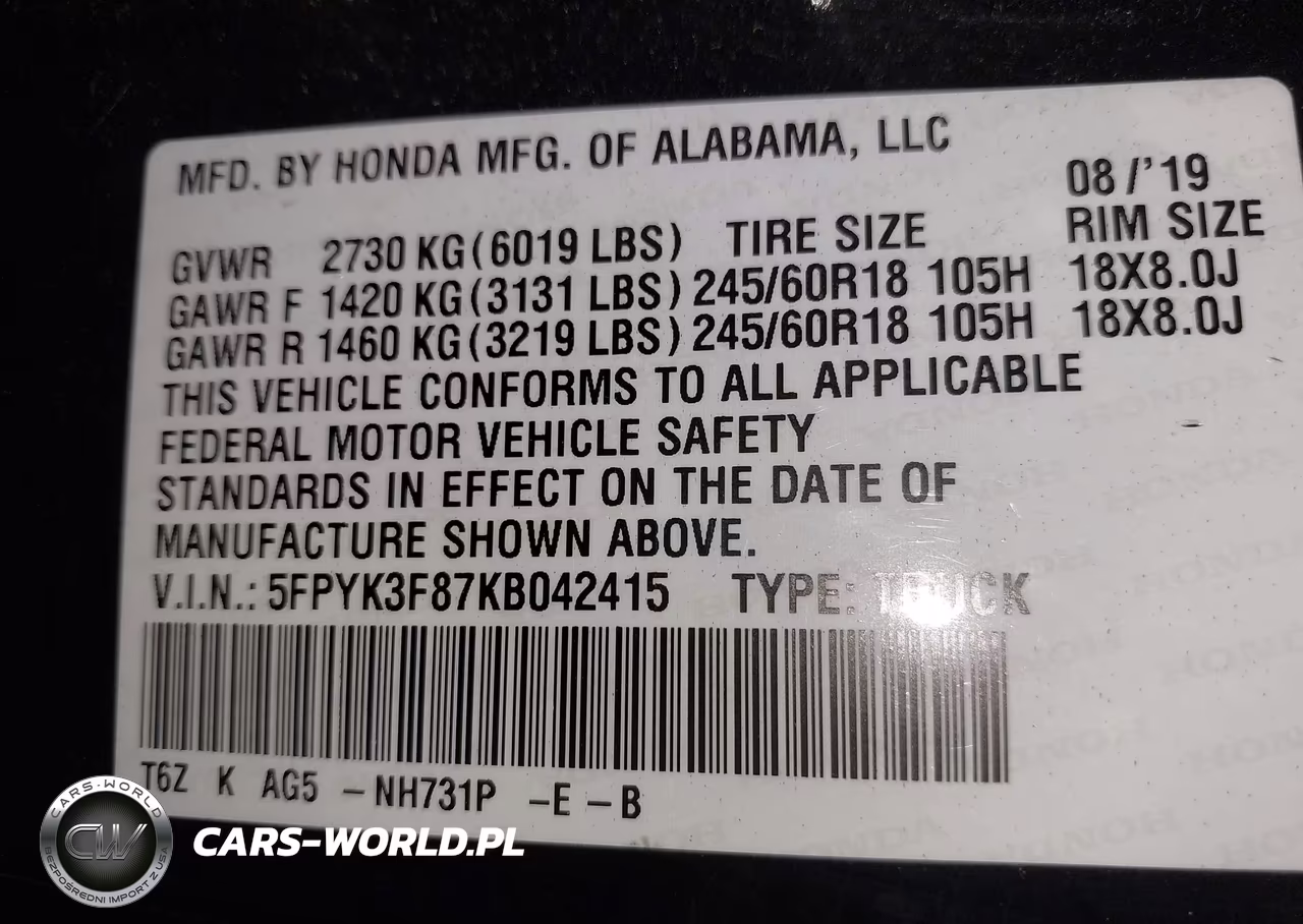 2019 Honda Ridgeline Black Edition VIN:5FPYK3F87KB042415 - 9
