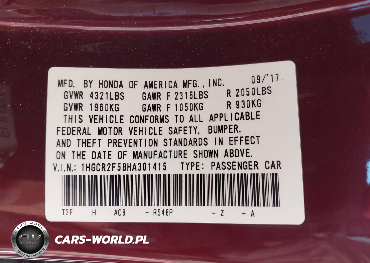 2017 Honda Accord Sport VIN:1HGCR2F58HA301415 - 9