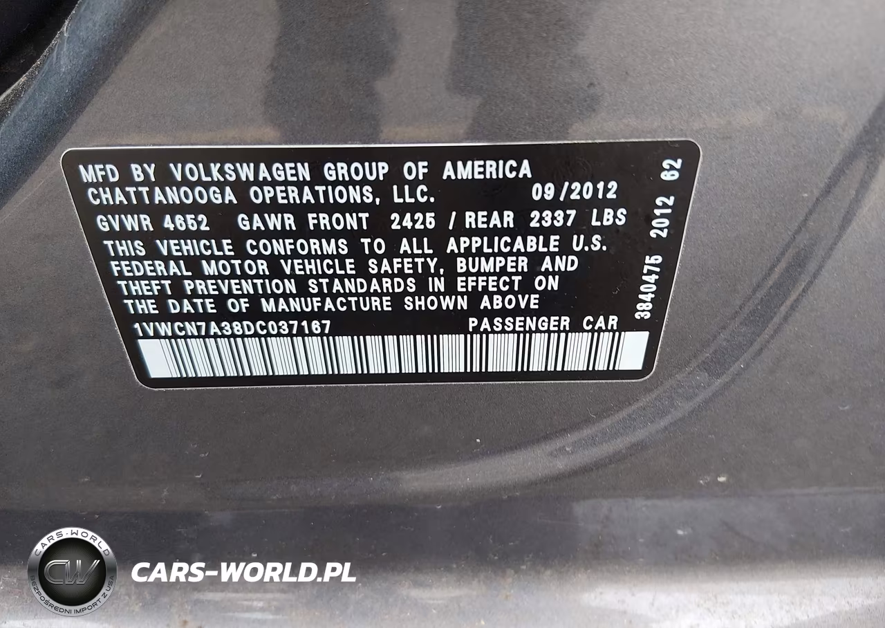 2013 Volkswagen Passat 2.0L Tdi Sel Premium VIN:1VWCN7A38DC037167 - 9