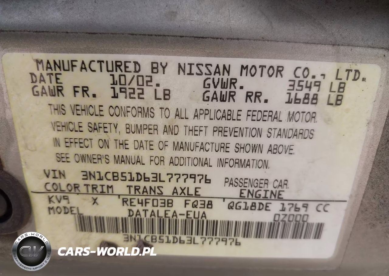 2003 Nissan Sentra Gxe VIN:3N1CB51D63L777976 - 9