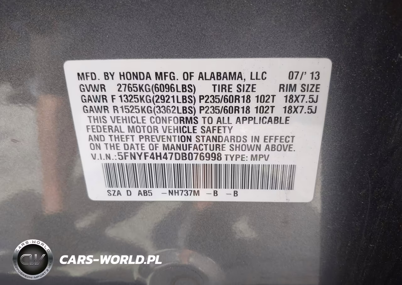 2013 Honda Pilot Ex VIN:5FNYF4H47DB076998 - 9