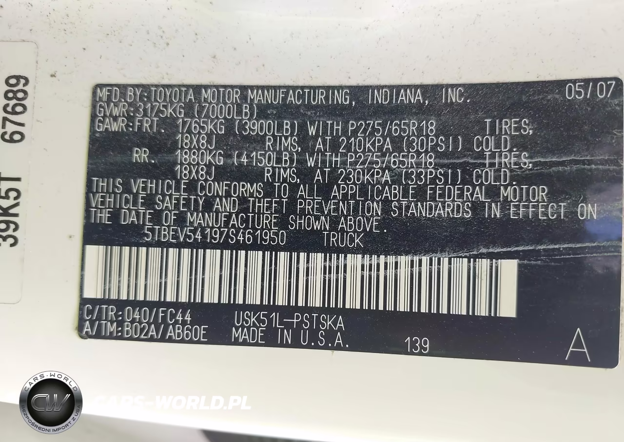 2007 Toyota Tundra Sr5 5.7L V8 VIN:5TBEV54197S461950 - 9