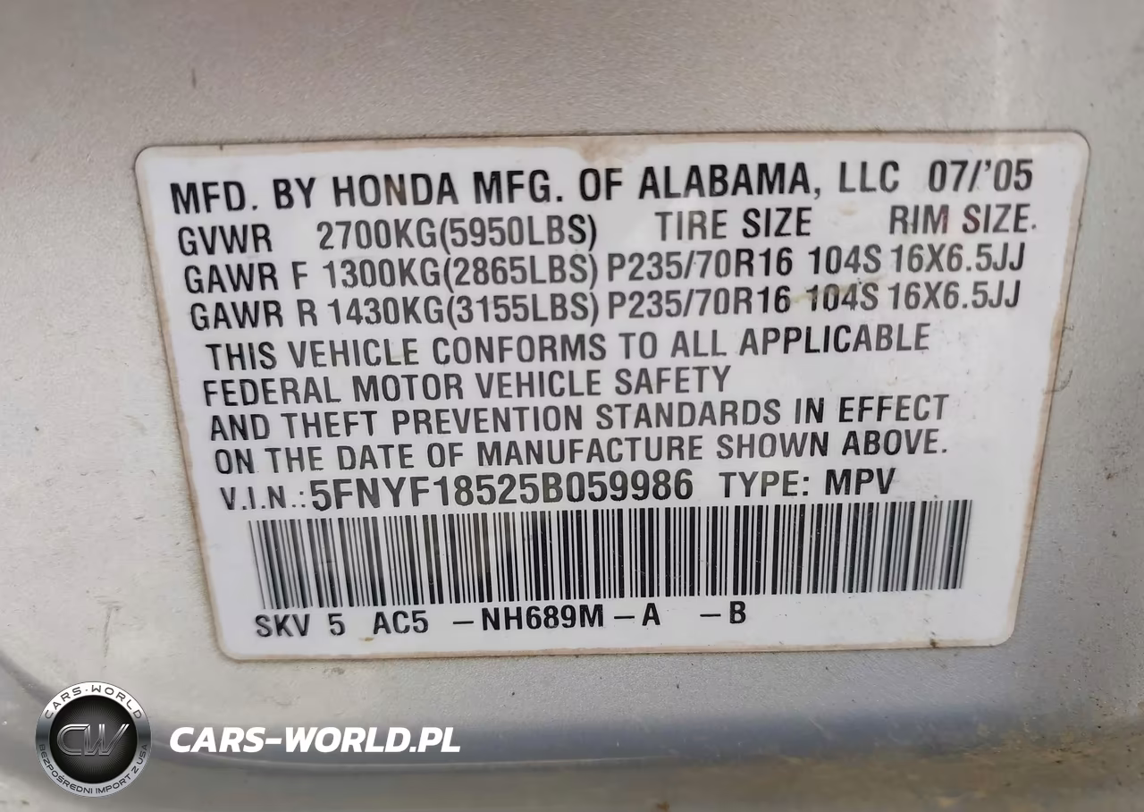 2005 Honda Pilot Ex-L VIN:5FNYF18525B059986 - 9