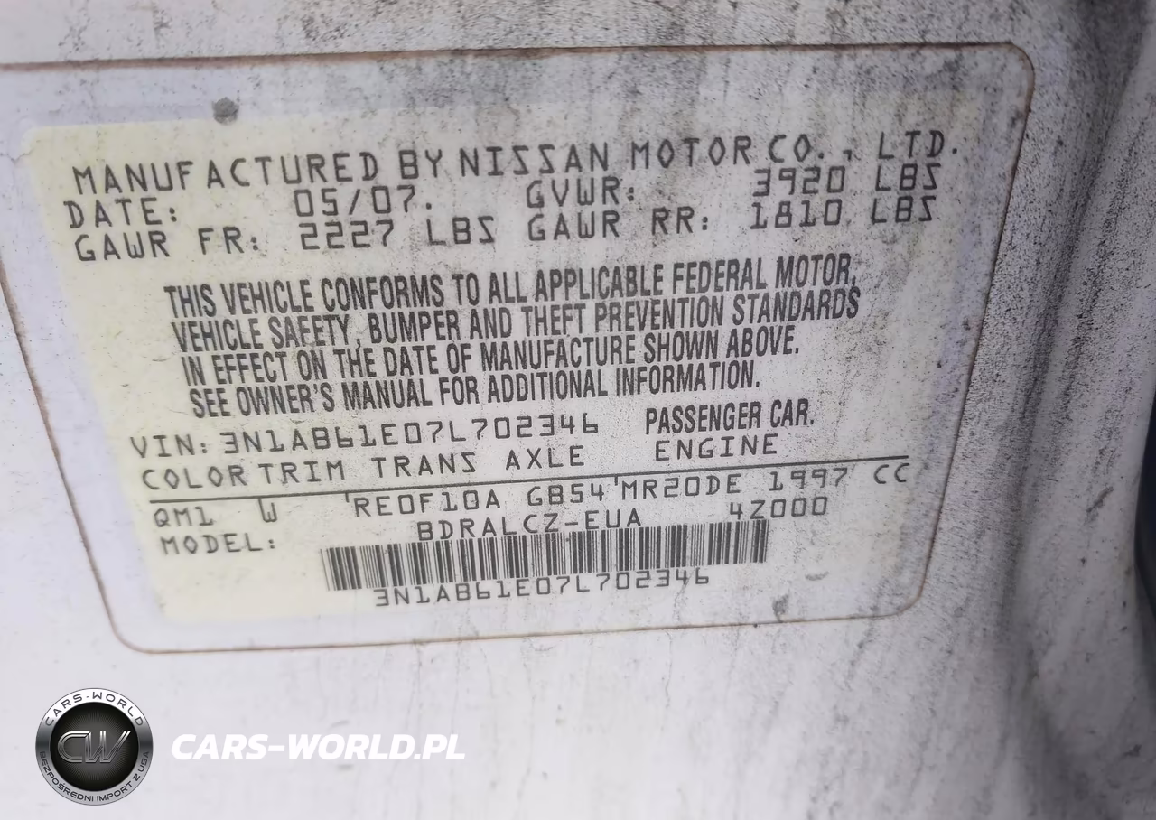 2007 Nissan Sentra 2.0 VIN:3N1AB61E07L702346 - 9