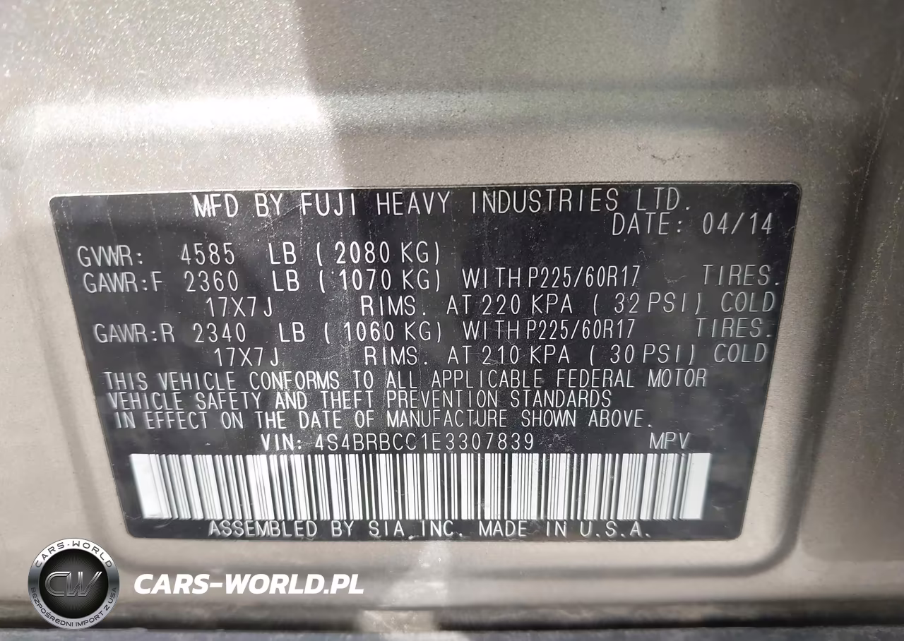 2014 Subaru Outback 2.5I Premium VIN:4S4BRBCC1E3307839 - 9