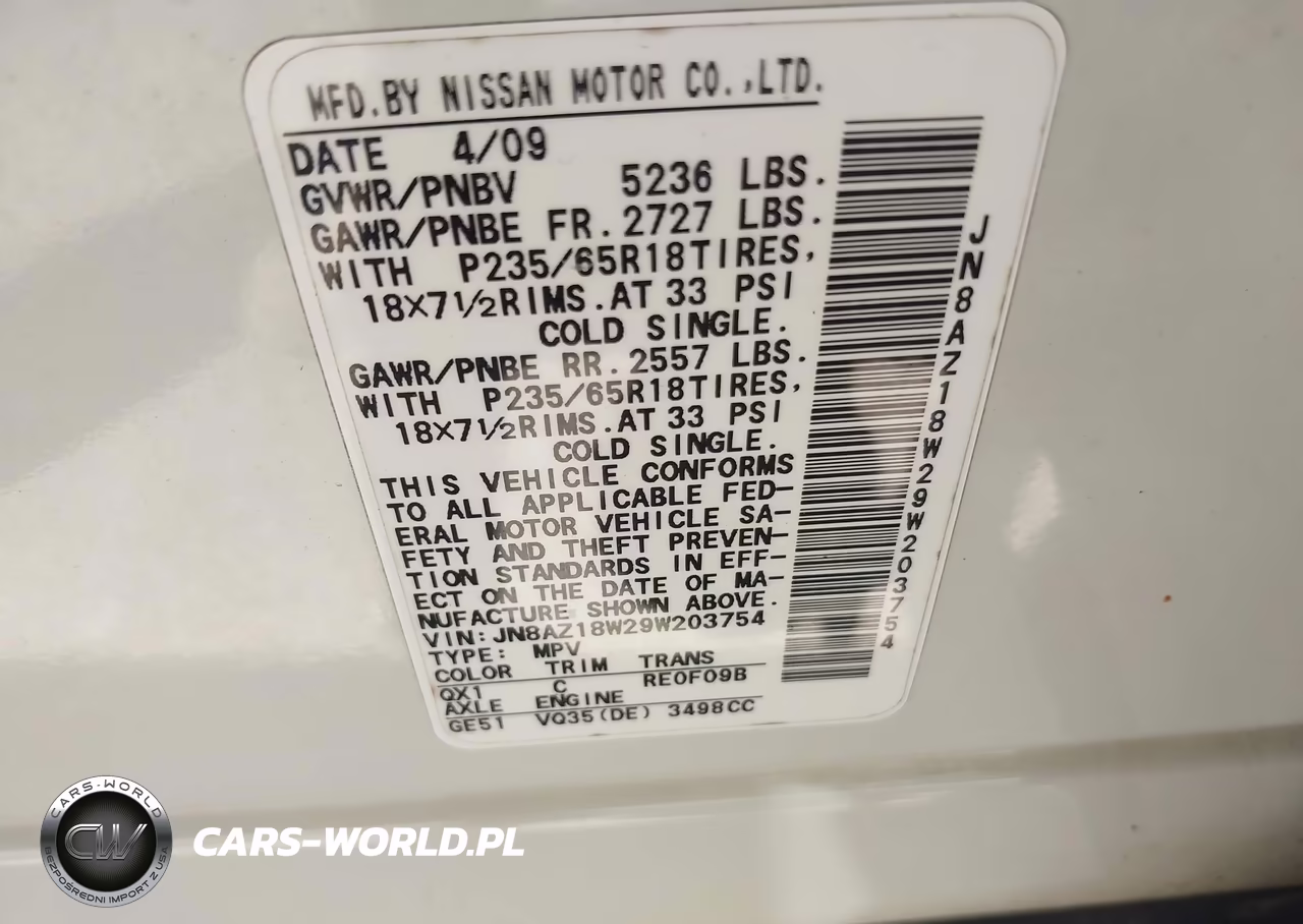 2009 Nissan Murano Sl VIN:JN8AZ18W29W203754 - 9