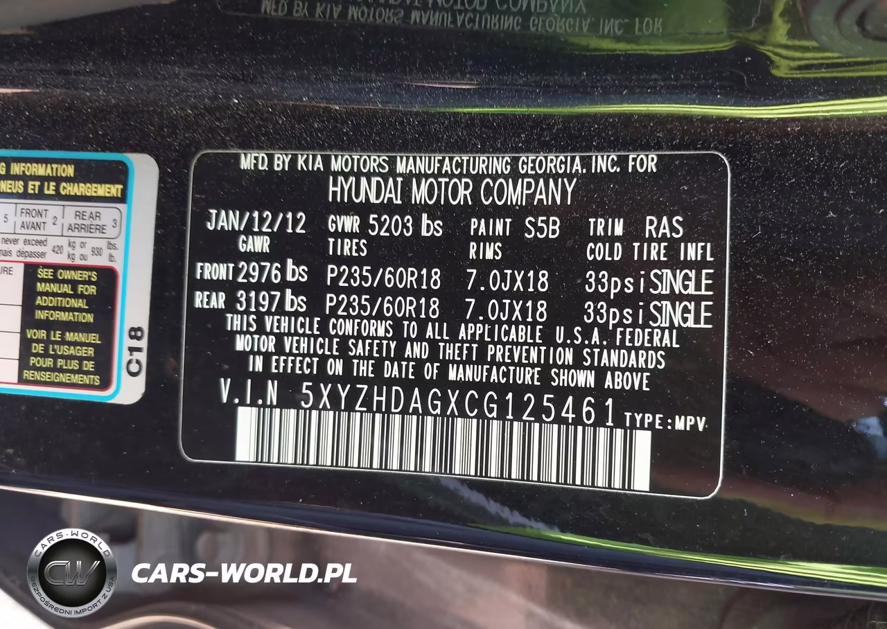2012 Hyundai Santa Fe Se VIN:5XYZHDAGXCG125461 - 9