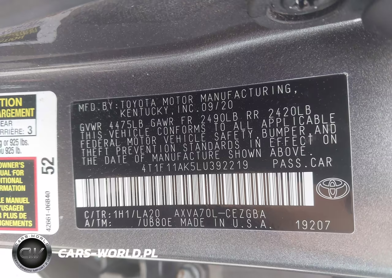 2020 Toyota Camry Xle VIN:4T1F11AK5LU392219 - 9