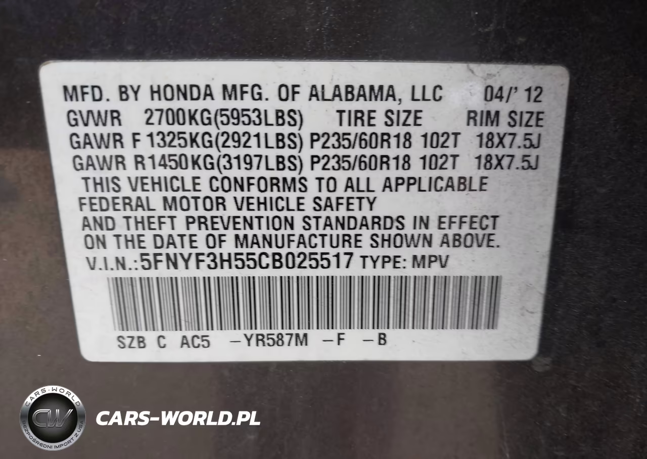 2012 Honda Pilot Ex-L VIN:5FNYF3H55CB025517 - 9