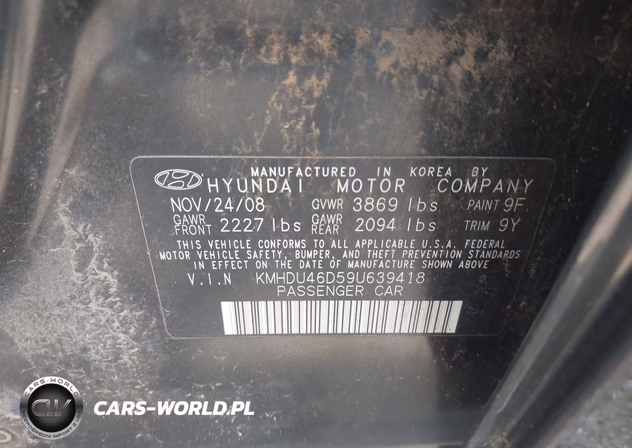 2009 Hyundai Elantra Gls VIN:KMHDU46D59U639418 - 9