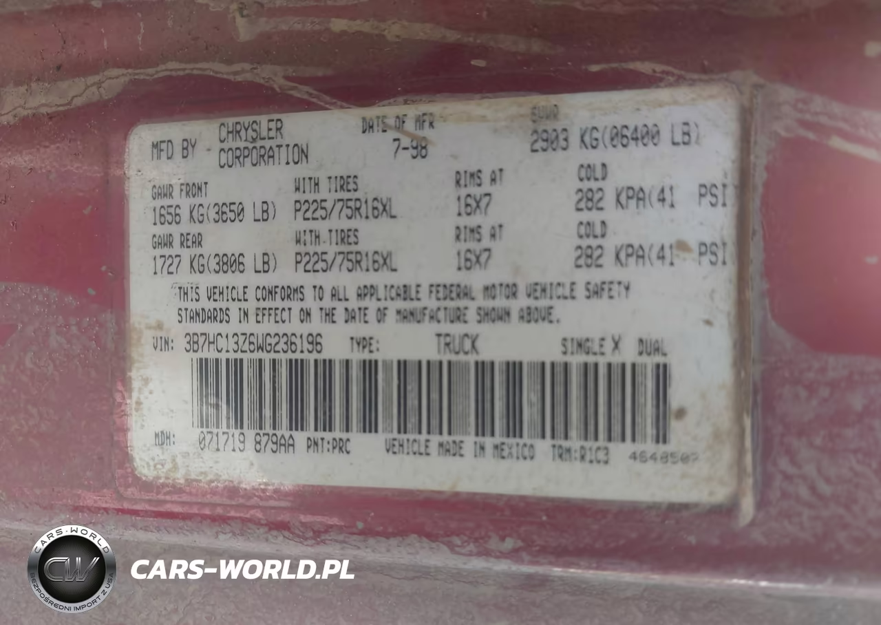 1998 Dodge Ram 1500 St VIN:3B7HC13Z6WG236196 - 9