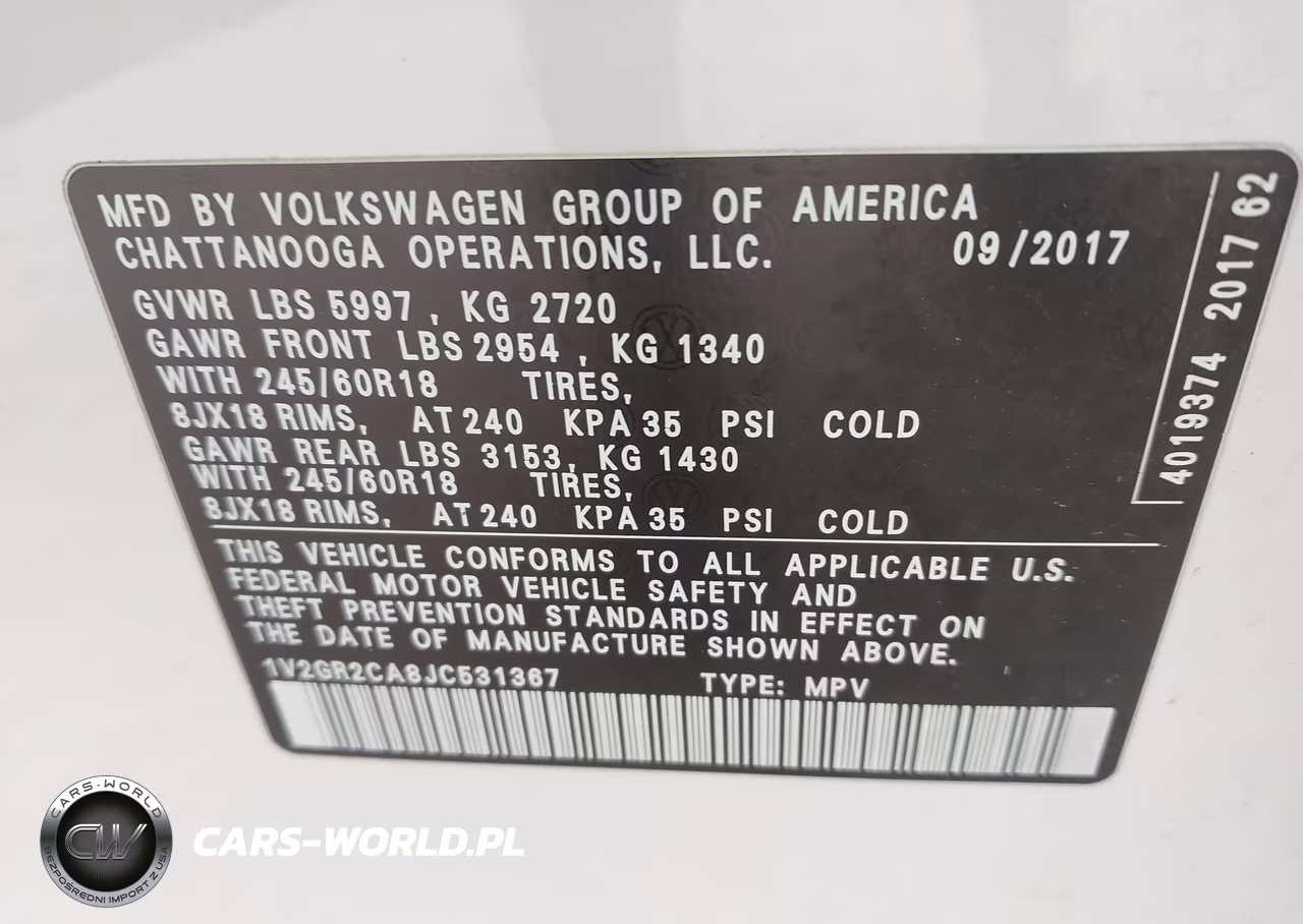 2018 Volkswagen Atlas 3.6L V6 S VIN:1V2GR2CA8JC531367 - 9