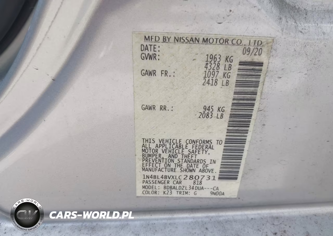 2020 Nissan Altima S Fwd VIN:1N4BL4BVXLC280731 - 9