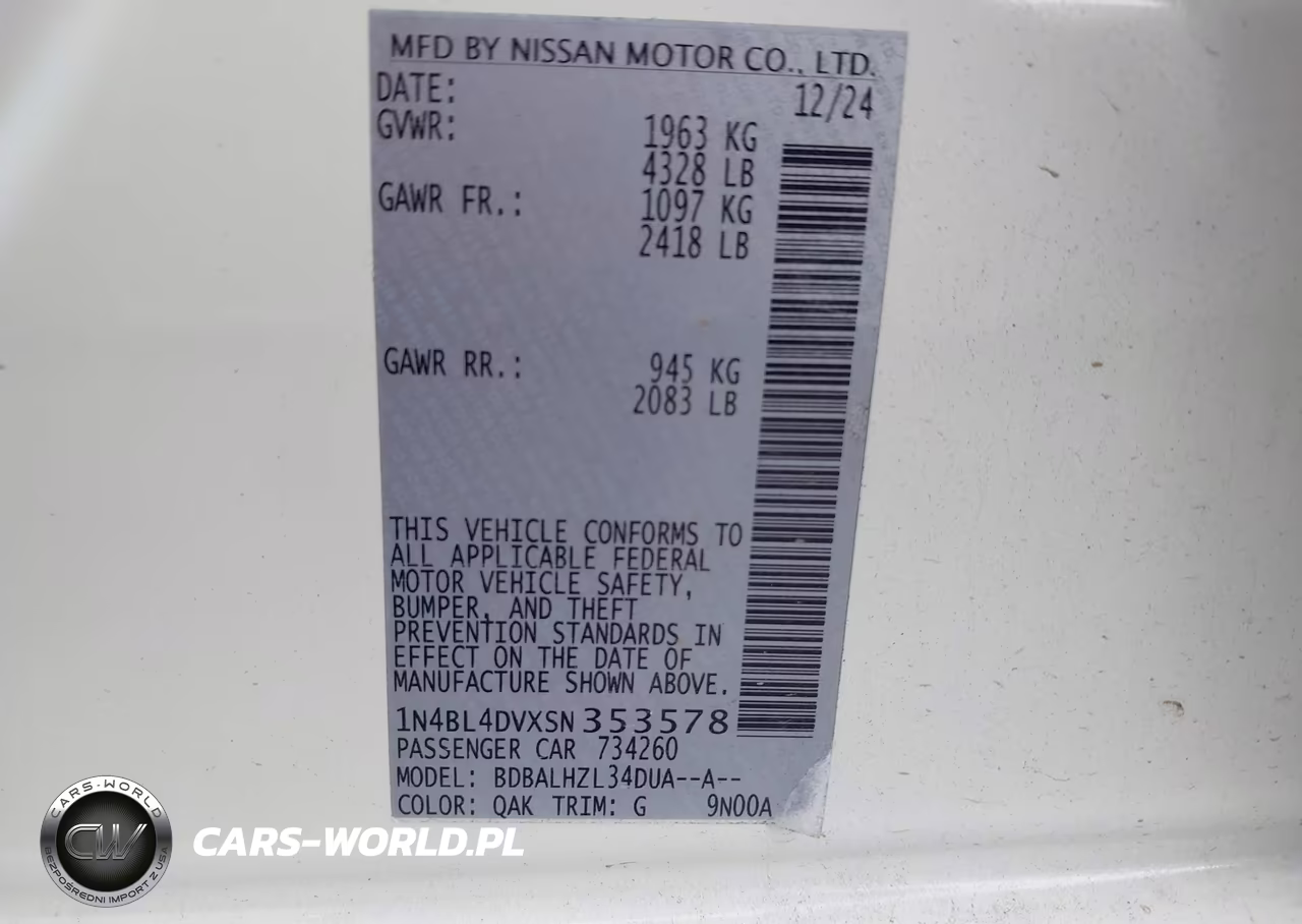 2025 Nissan Altima Sv Fwd VIN:1N4BL4DVXSN353578 - 9