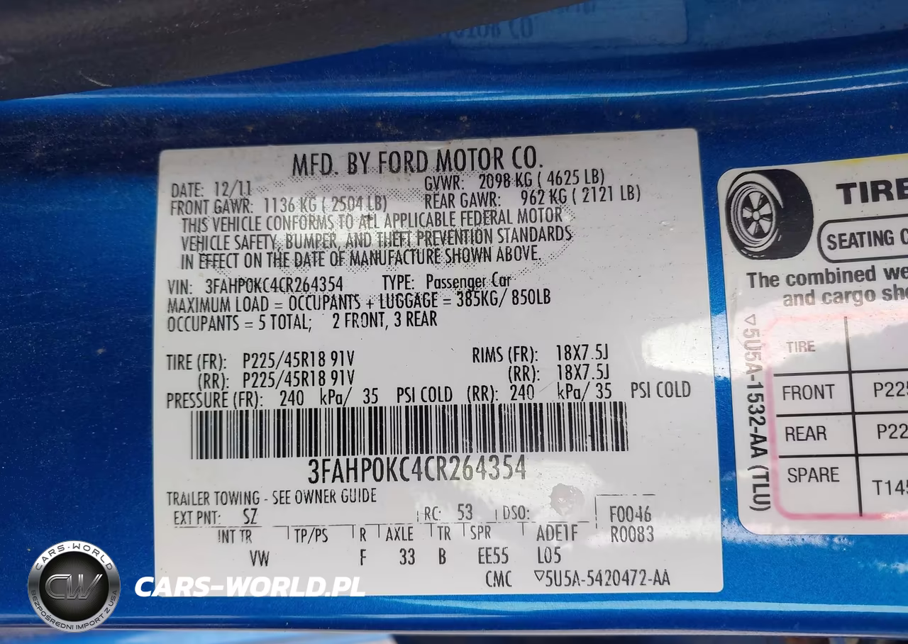 2012 Ford Fusion Sport VIN:3FAHP0KC4CR264354 - 9
