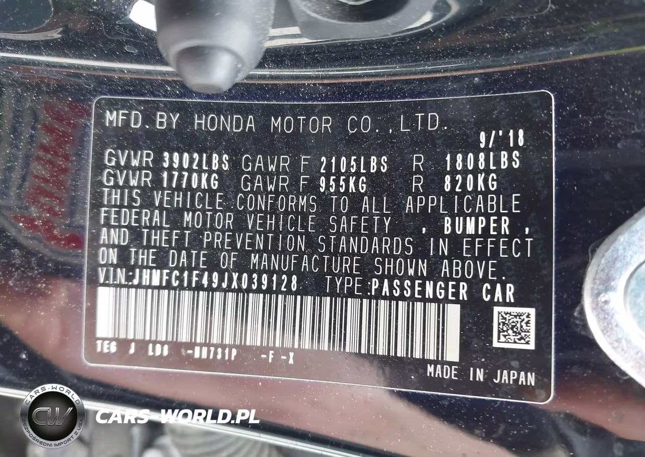 2018 Honda Civic Ex-T VIN:JHMFC1F49JX039128 - 9