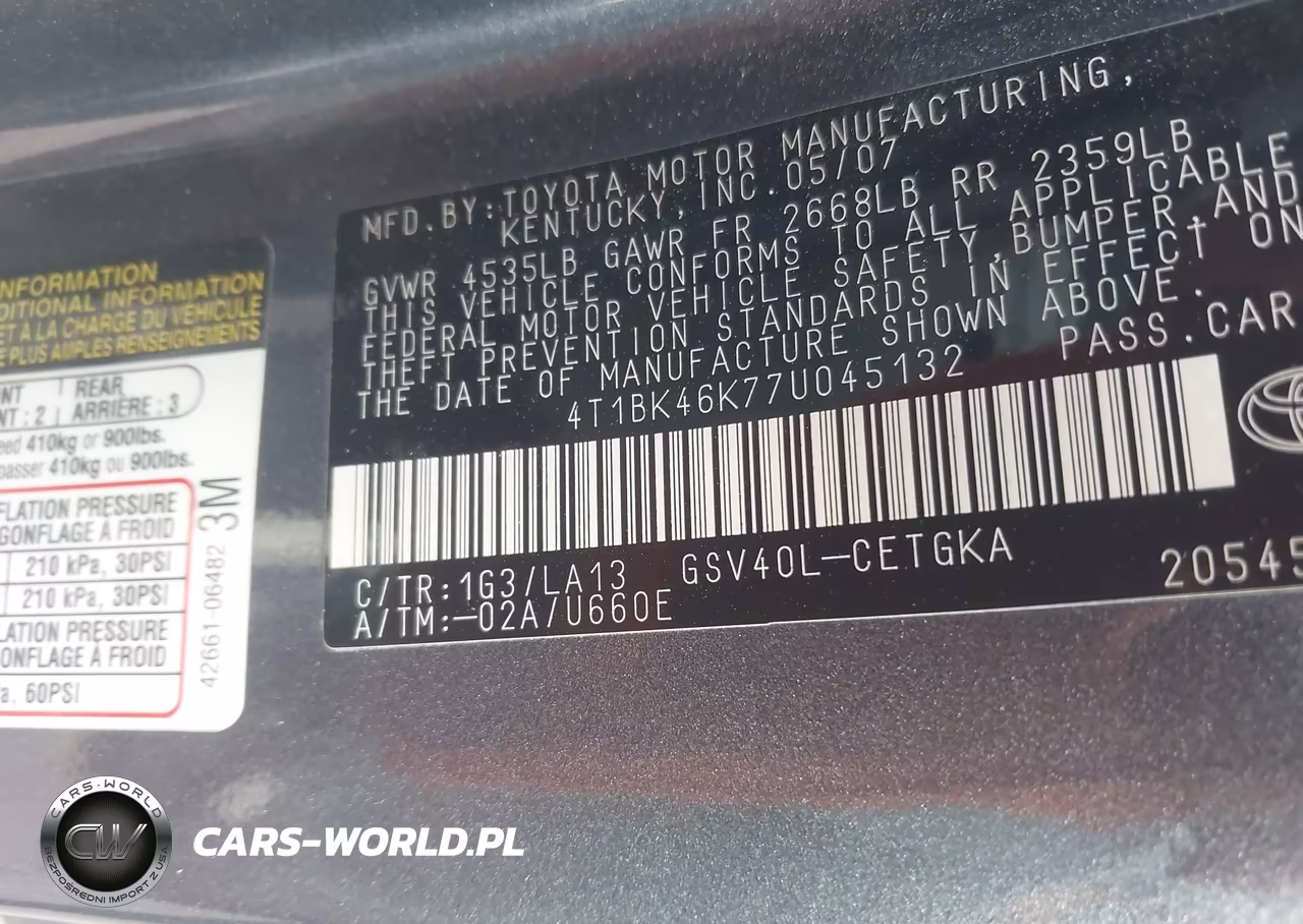 2007 Toyota Camry Xle V6 VIN:4T1BK46K77U045132 - 9