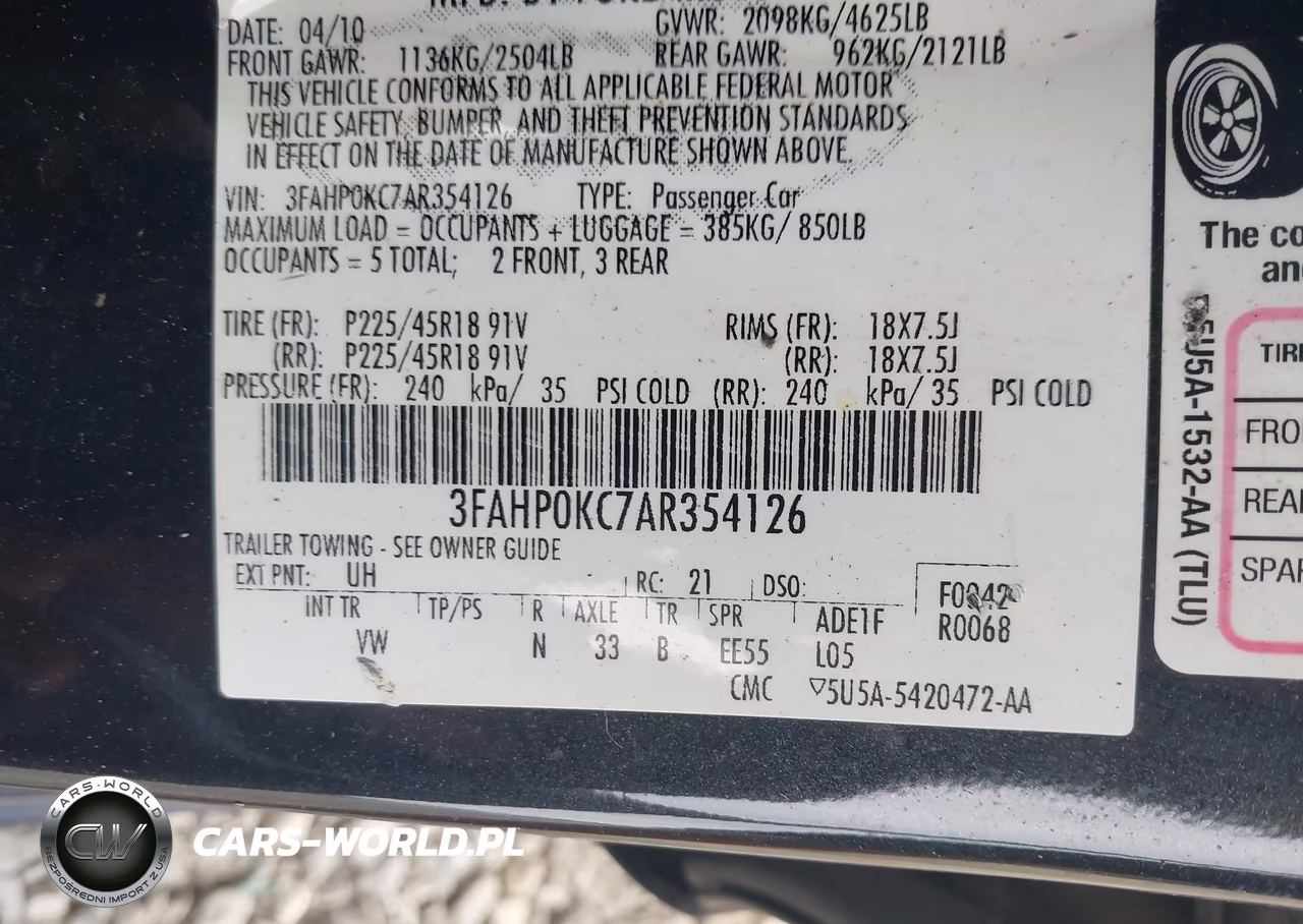 2010 Ford Fusion Sport VIN:3FAHP0KC7AR354126 - 9