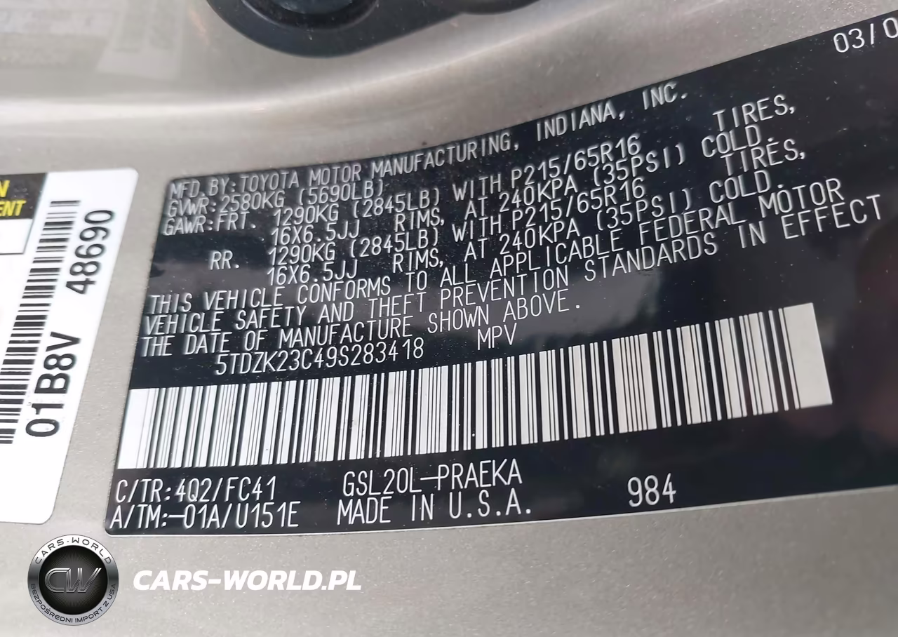 2009 Toyota Sienna Le VIN:5TDZK23C49S283418 - 9