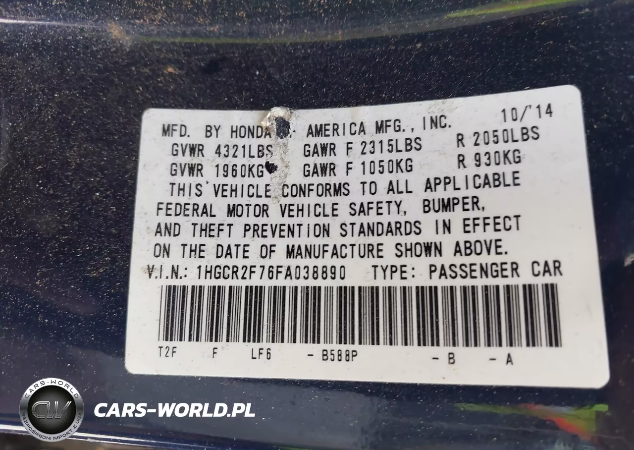 2015 Honda Accord Ex VIN:1HGCR2F76FA038890 - 9