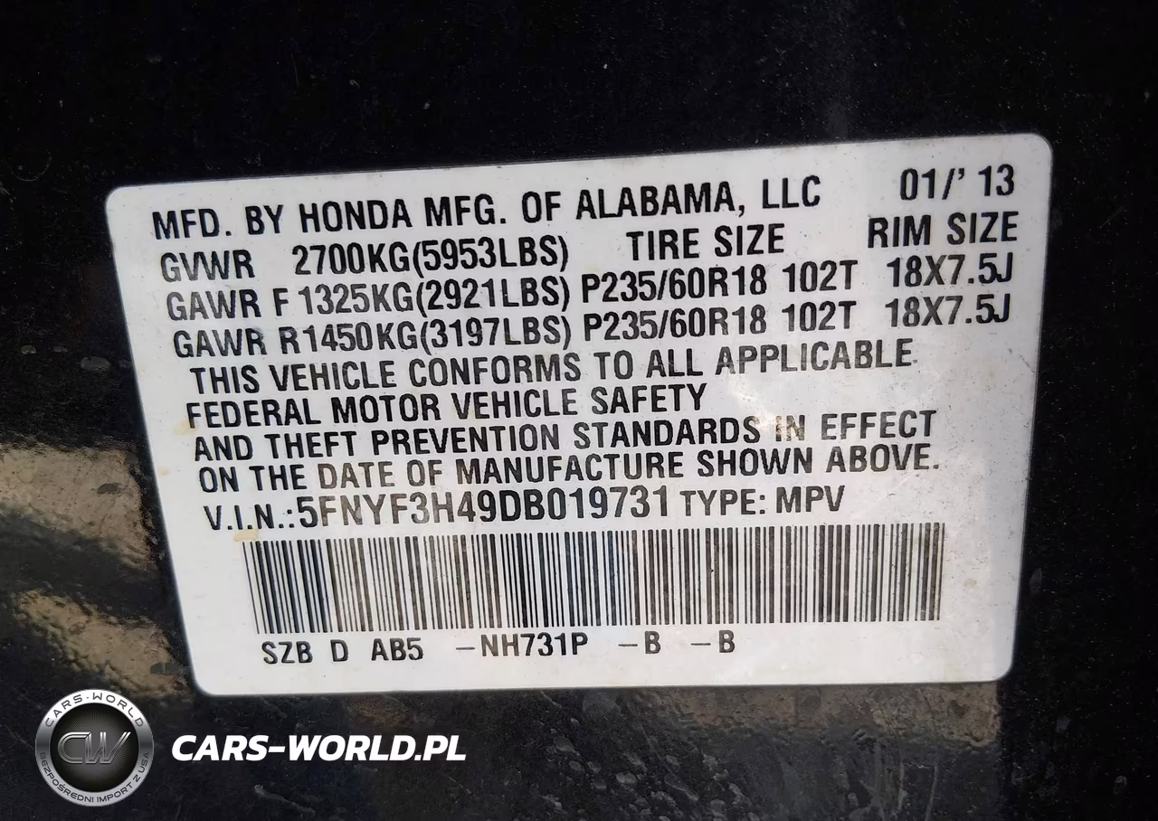 2013 Honda Pilot Ex VIN:5FNYF3H49DB019731 - 9