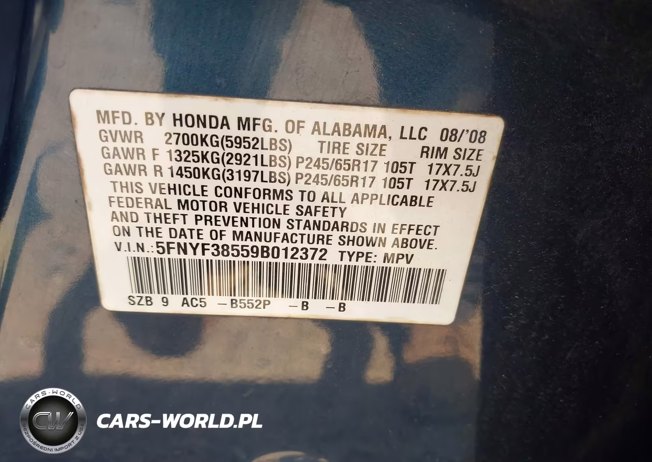 2009 Honda Pilot Ex-L VIN:5FNYF38559B012372 - 9