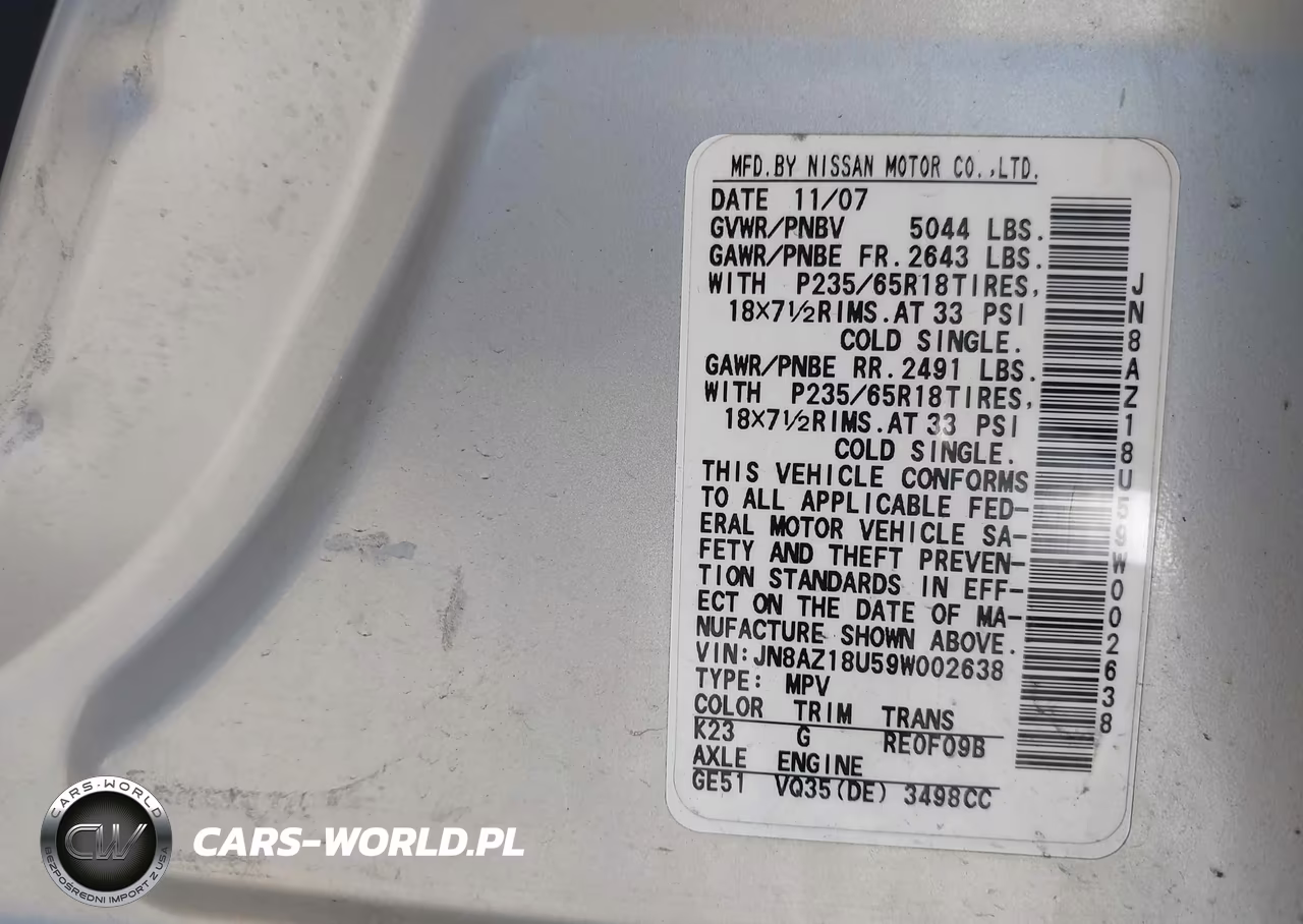 2009 Nissan Murano Sl VIN:JN8AZ18U59W002638 - 9