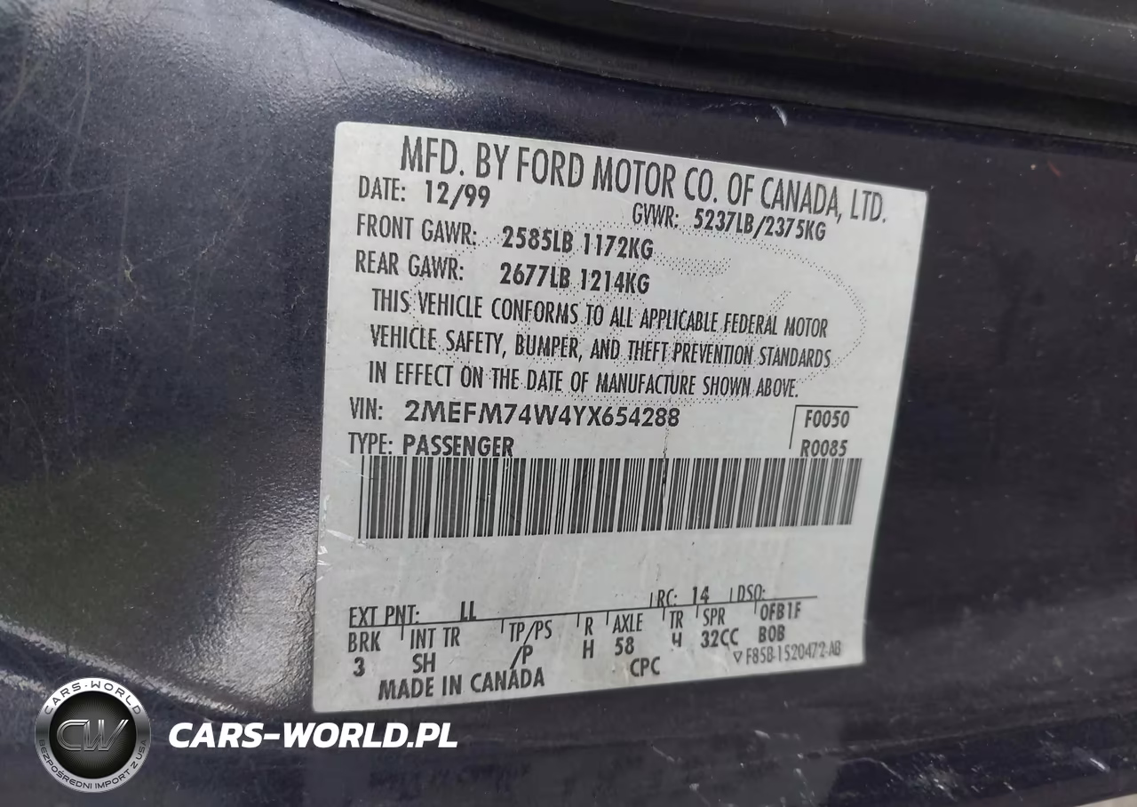 2000 Mercury Grand Marquis Gs VIN:2MEFM74W4YX654288 - 9