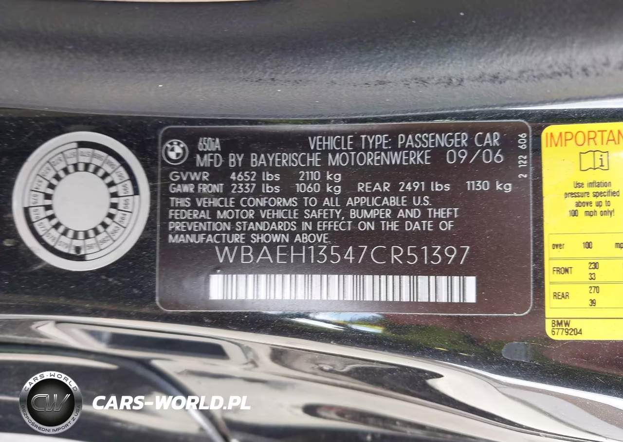 2007 BMW 650I VIN:WBAEH13547CR51397 - 9
