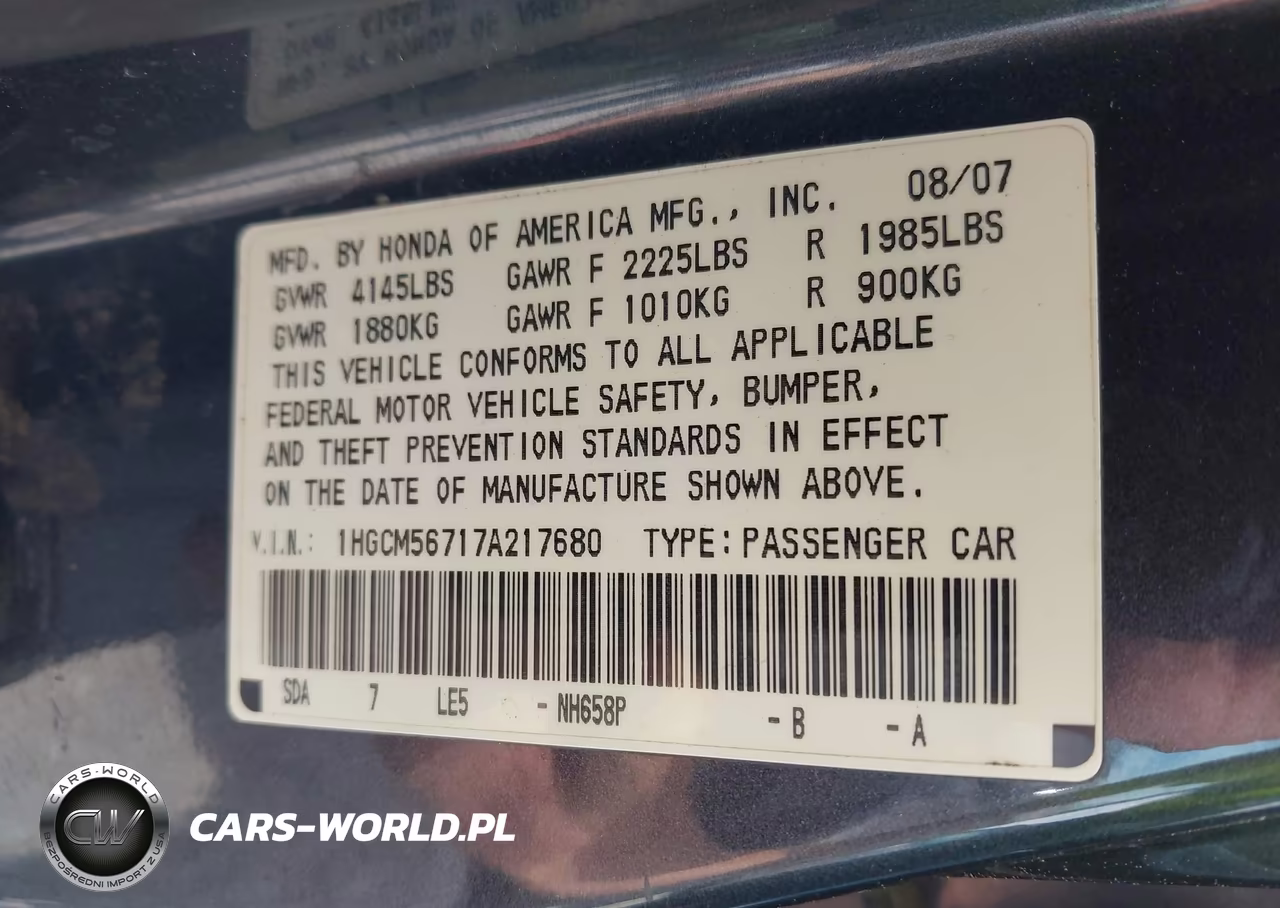 2007 Honda Accord 2.4 Ex VIN:1HGCM56717A217680 - 9