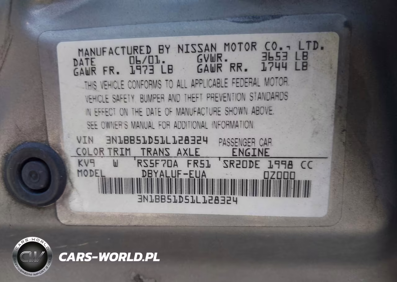 2001 Nissan Sentra Se VIN:3N1BB51D51L128324 - 9